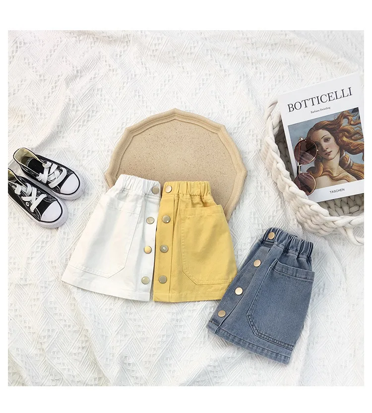 summer new arrival infant toddler baby girls denim skirt child kids solid blue yellow skirts wholesale