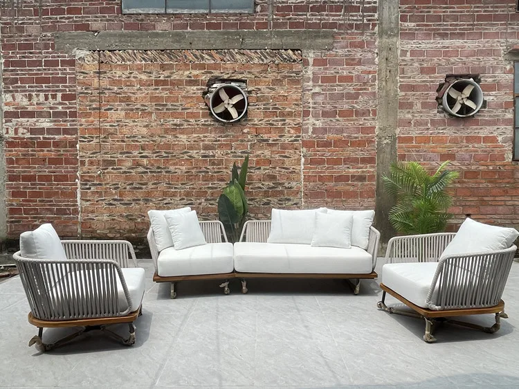 patio weather outdoor furniture teak solid wooden rope sofa set teak rattan