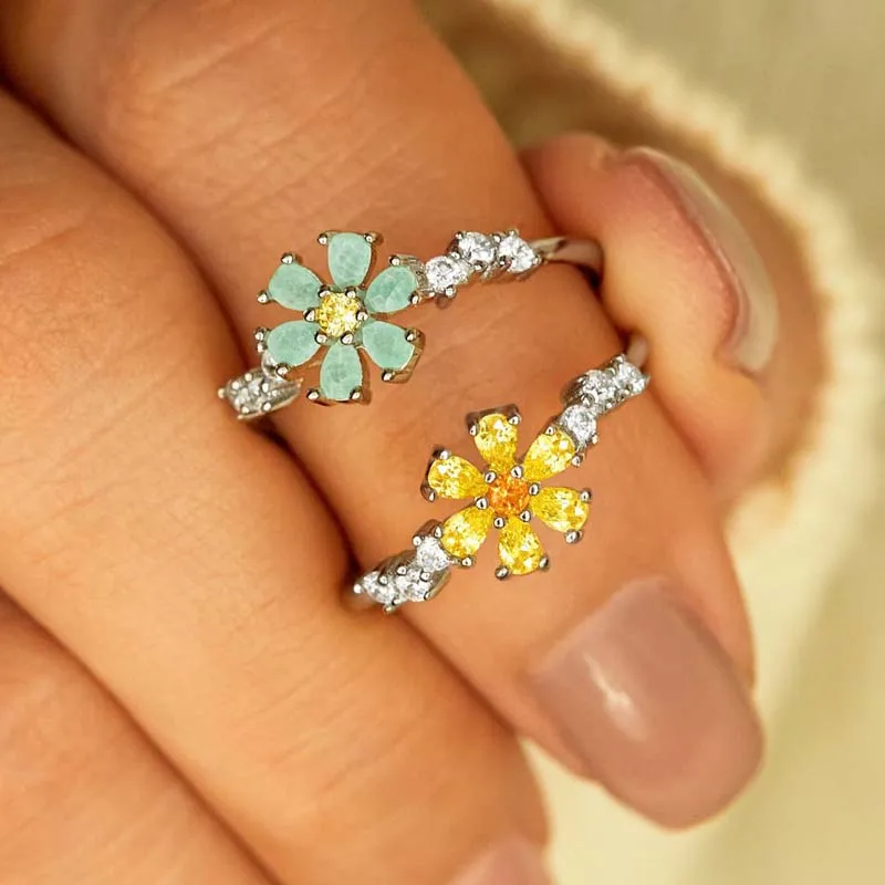 Dainty daisy ring 925 sterling silver colorful diamond daisy pave cubic zirconia flower statement women ring anillos mujer