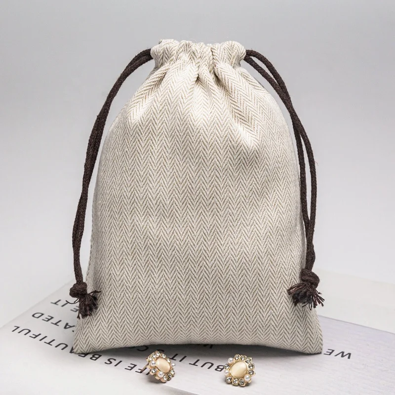 Custom Logo Recyclable High Quality Herringbone Cotton Drawstring Dust Packaging Bag Jewelry Gift Pouch