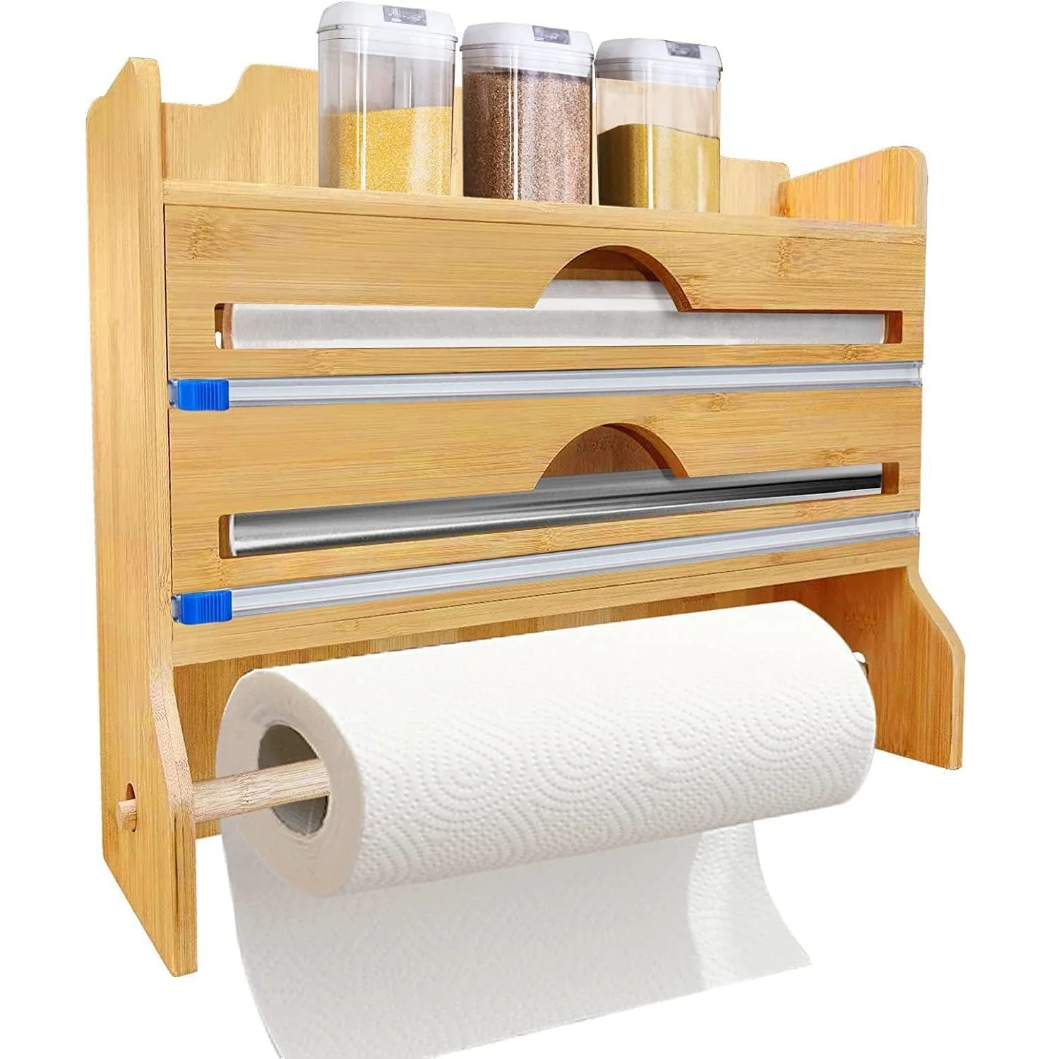 Wall Mounted 4 in 1 Kitchen Bamboo Aluminium Foil Plastic Wrap Roll Organizer Dispenser with Paper Towel Holder