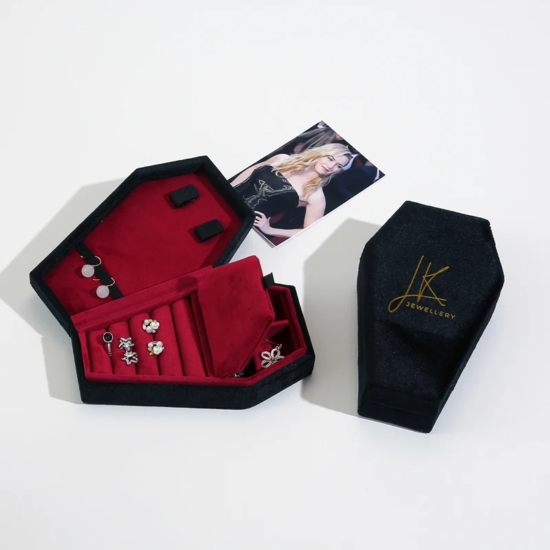 Custom Logo Design Jewelry Set Travel Storage Box Halloween Gothic Black velvet Necklace Coffin Shape Jewellery Organizer Box