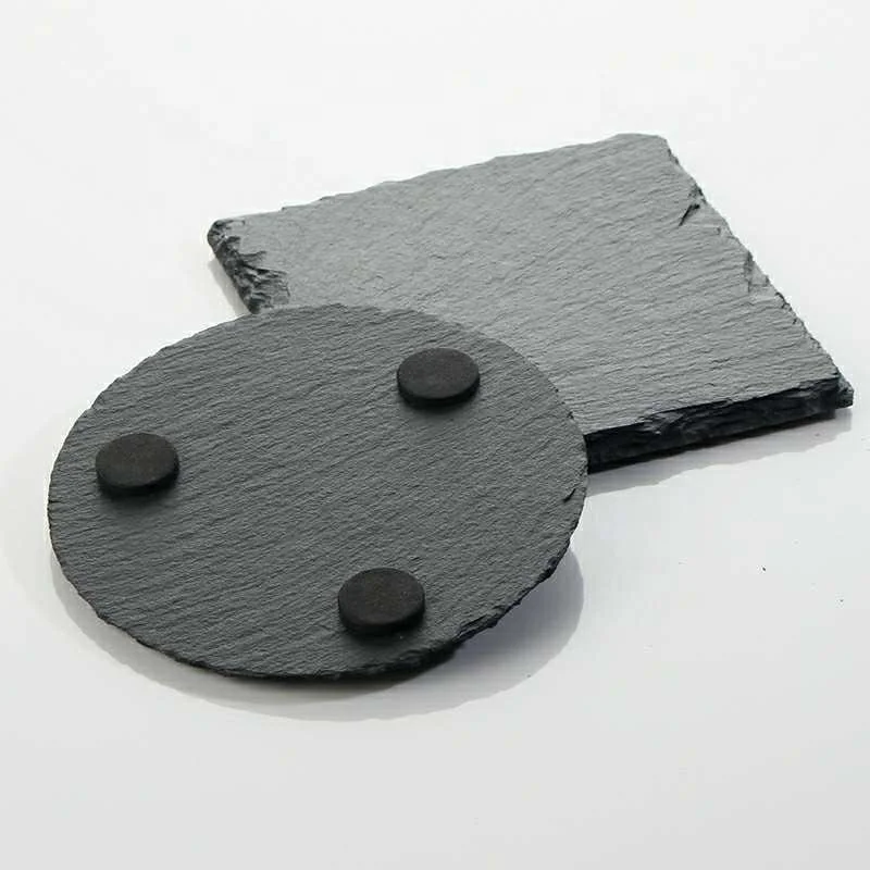 2022 Latest Design Best Selling Wholesale Round Black Natural Slate Custom Cup Coaster With Cork Mats