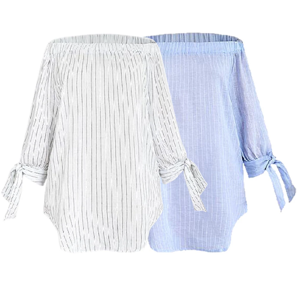 
Fashion casual slash neck stripe temperament sexy off shoulder bow tie top blouse woman tops fashionable 