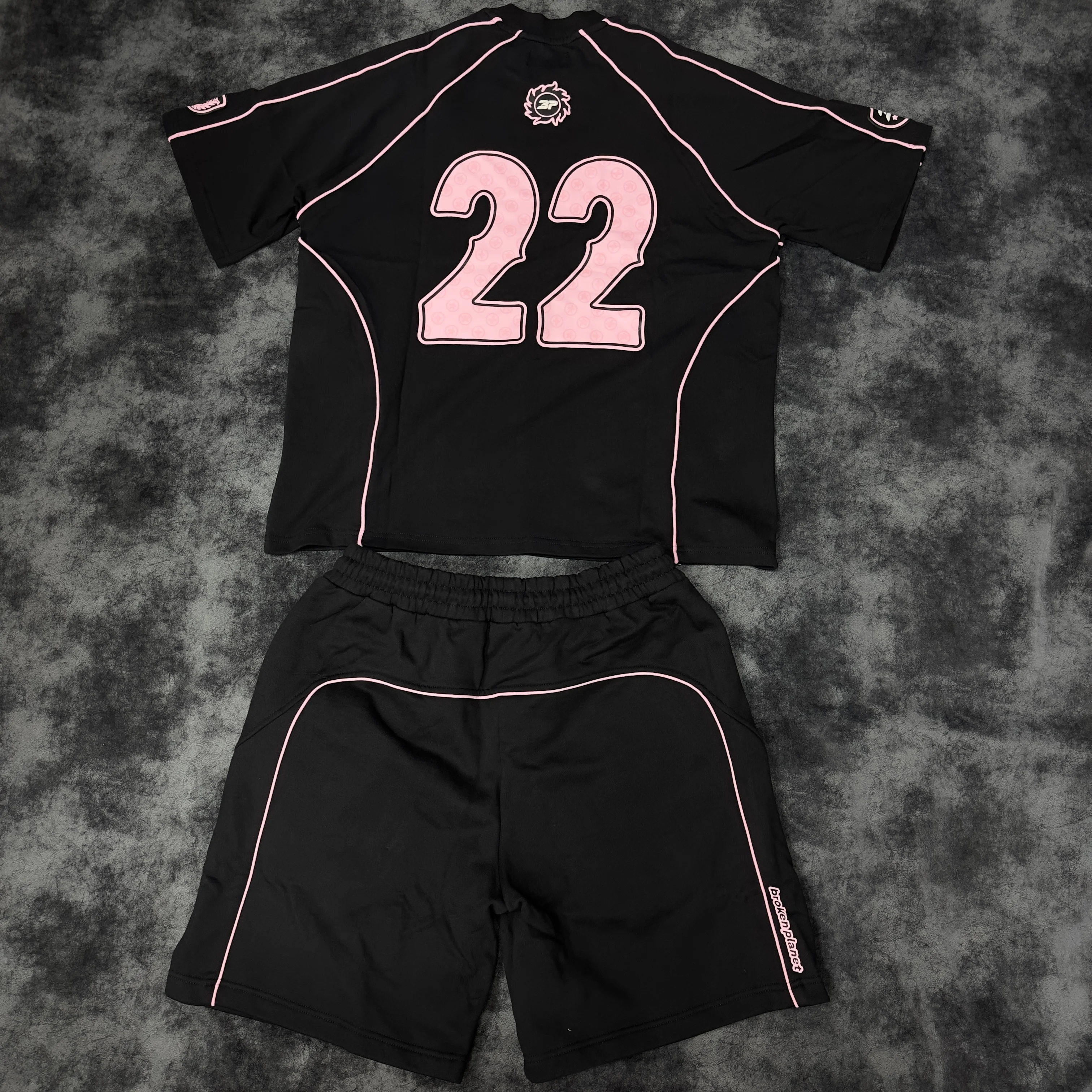 Yingling BP Puff Print Pink Pipping Jersey Shirt Oversize Cropped Boxy T Shirts Cotton Hip Hop Heavyweight Jersey Short Set