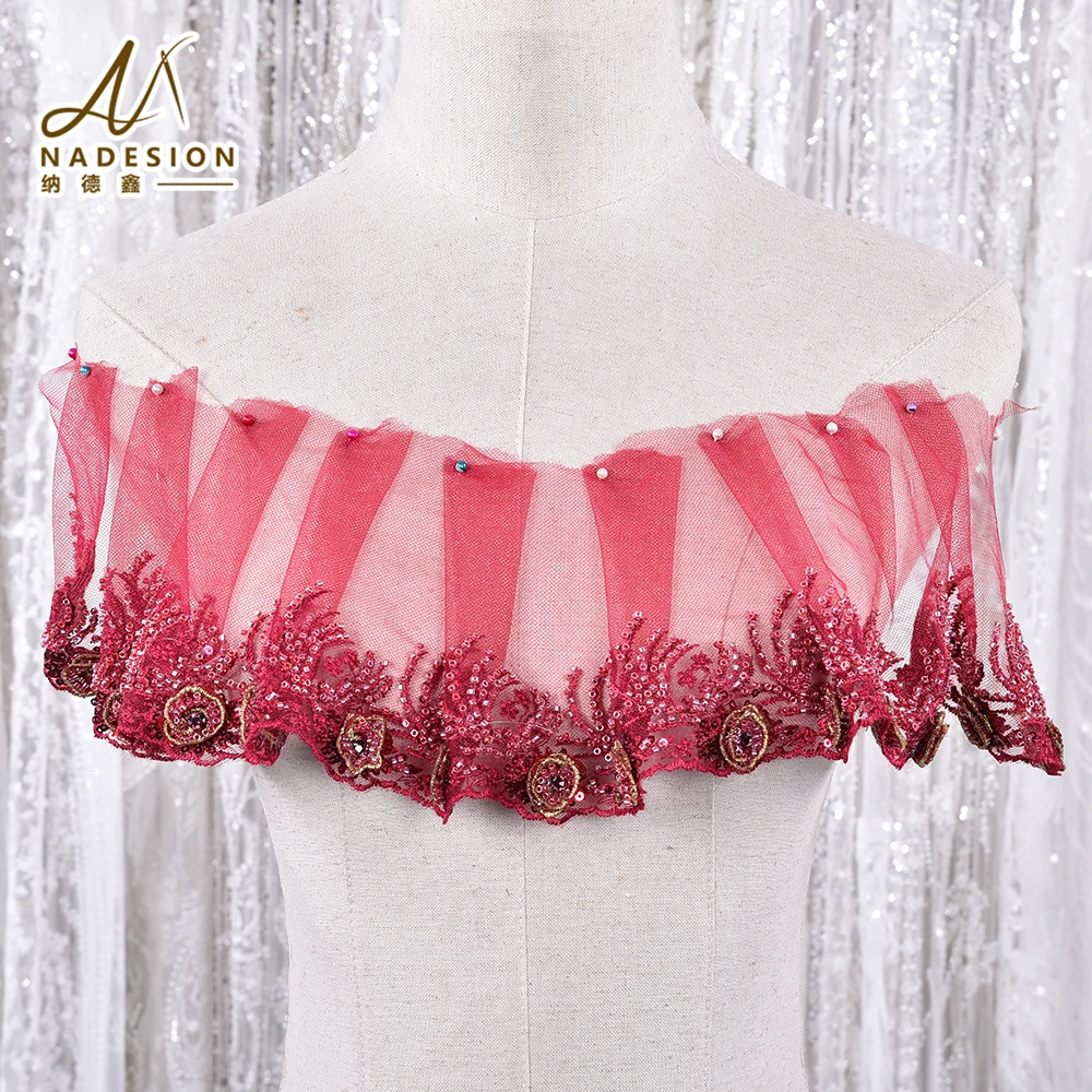 Wholesale Embroidery Decorative Mesh Ruffle Pearl Beaded Border Lace Trim Embroidery Flower Lace Trims