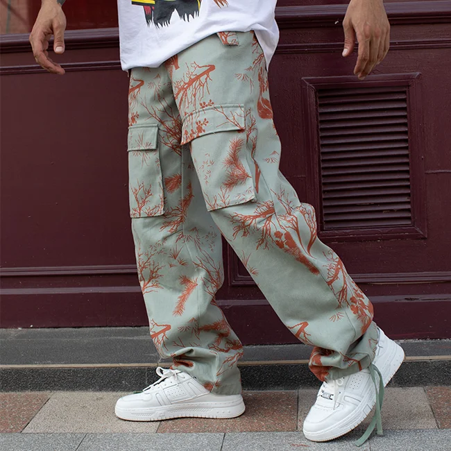 Custom Fashion Streetwear Cargo Jogger Pant Trousers Mens Plus Size Raw Baggy Ripped Twig Print Cargos Denim Jeans Pants For Men