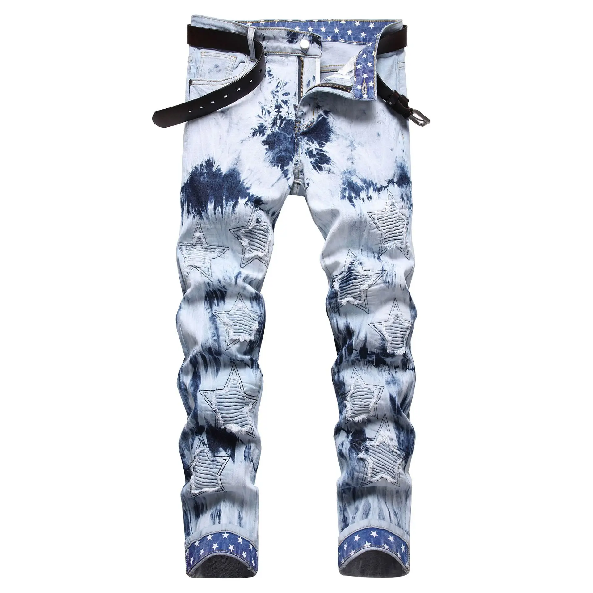 Youth Street Hipster European and American Style Embroidery With Bleached Hem Fashion Stretch Denim Pants