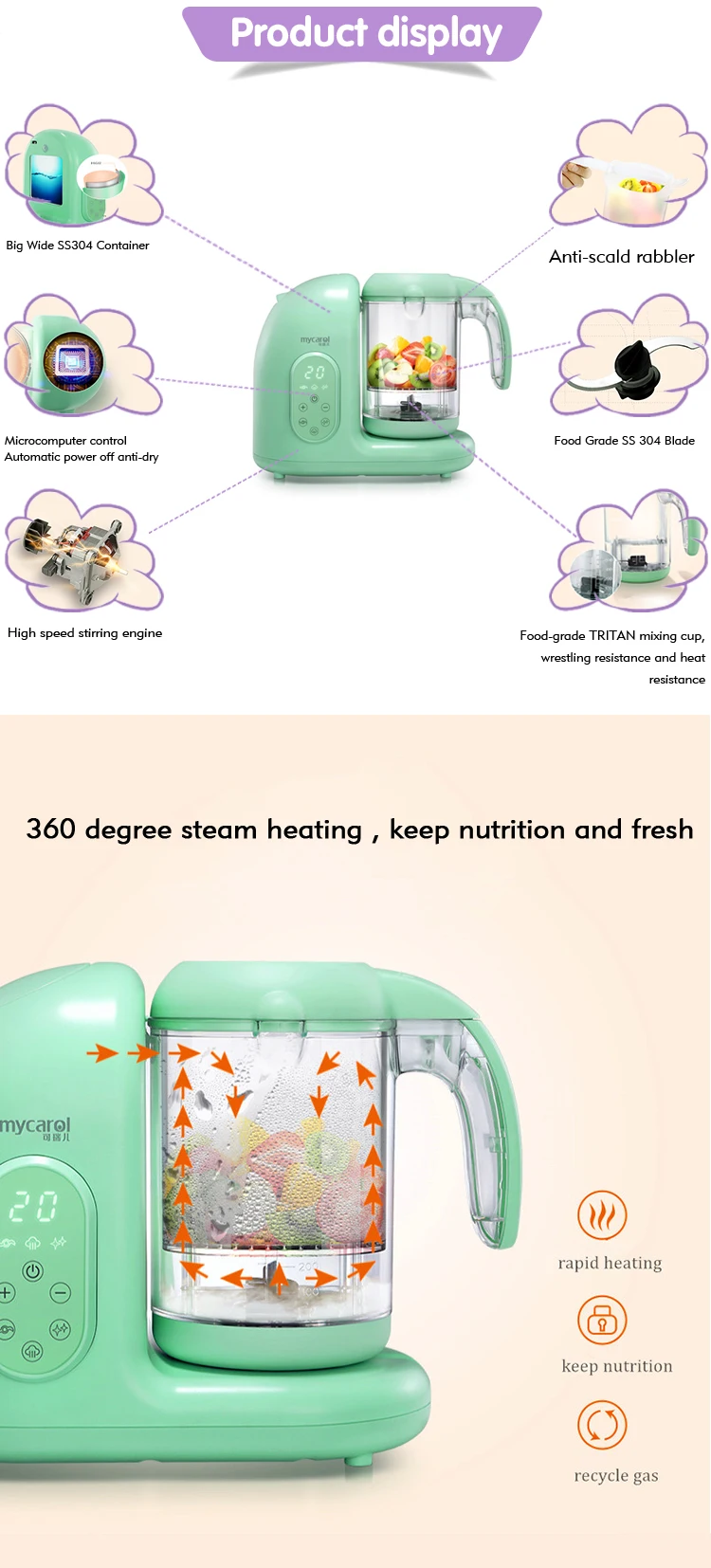Household Portable Baby Food Blender Electric Baby Food Maker Multi-function Automatic Food Processor Steamer