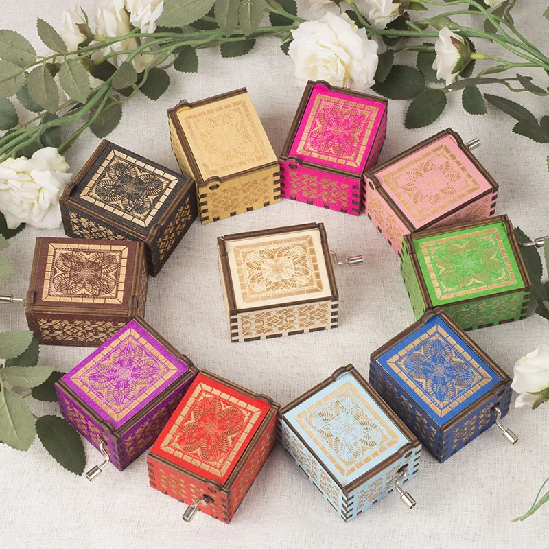High quality mini hand crank wooden music box Laser Engraved letters