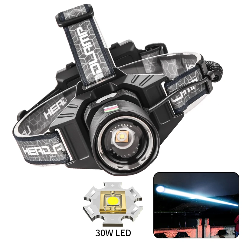LED Headlamp Rechargeable Head Lamp 30w led Super Bright High Lumen 5 Modes Zoomable Waterproof Headlight for Camping Biking