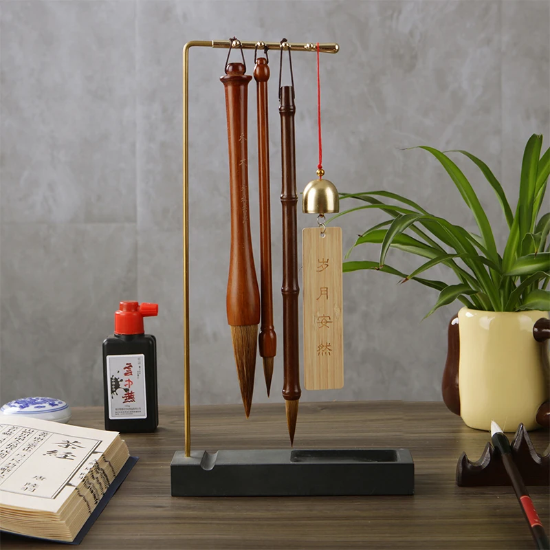 Brass Chinese Calligraphy Brush Pen Holder with 8 Needles & Ink Stone Base Desk Organizer Ink Hanger