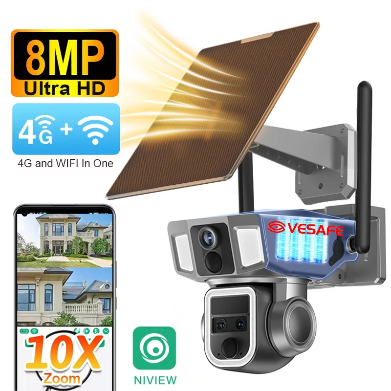 VESAFE Low Power Motion Detection Network Camera PIR 4g Surveillance Ptz 4k 8mp Dual Lens 10x Zoom Solar Camera
