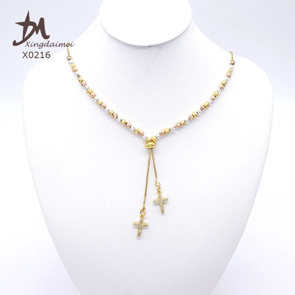 X0216  Wholesale latest design Luxury 3 color rosary Zircon cross necklace wood gold plated Rosary necklace
