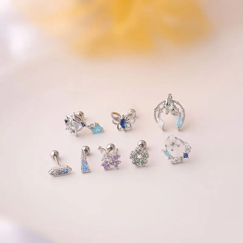 Fashion Korean Titanium Steel Piercing Earrings 18K Gold Filled Cubic Zircon Moon Star Chain Studs Earrings /