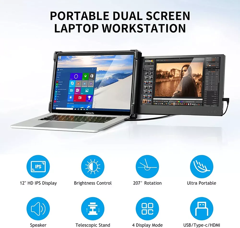 Оптовая продажа с фабрики, двойной и тройной дисплей 12 дюймов, монитор для ноутбука, 1080p, двойной экран, монитор для ноутбука, двойной дисплей