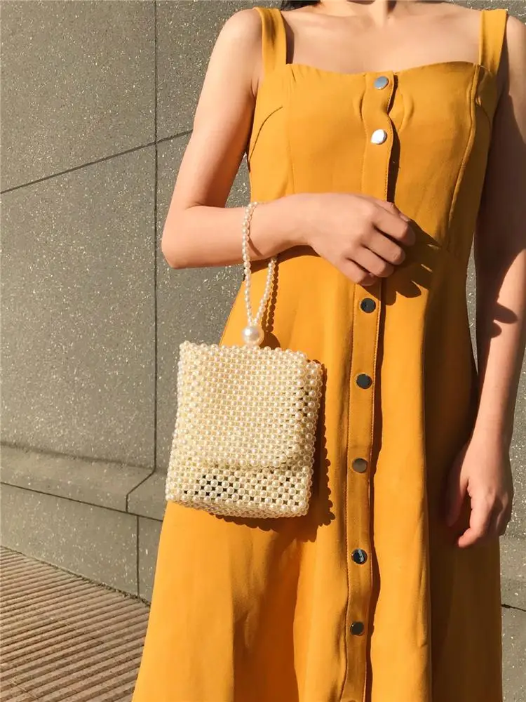 2020summer  ins popular new style hollow out fashion  women shoulder bag beach bag crystal acrylic beads weave clutch  handbag