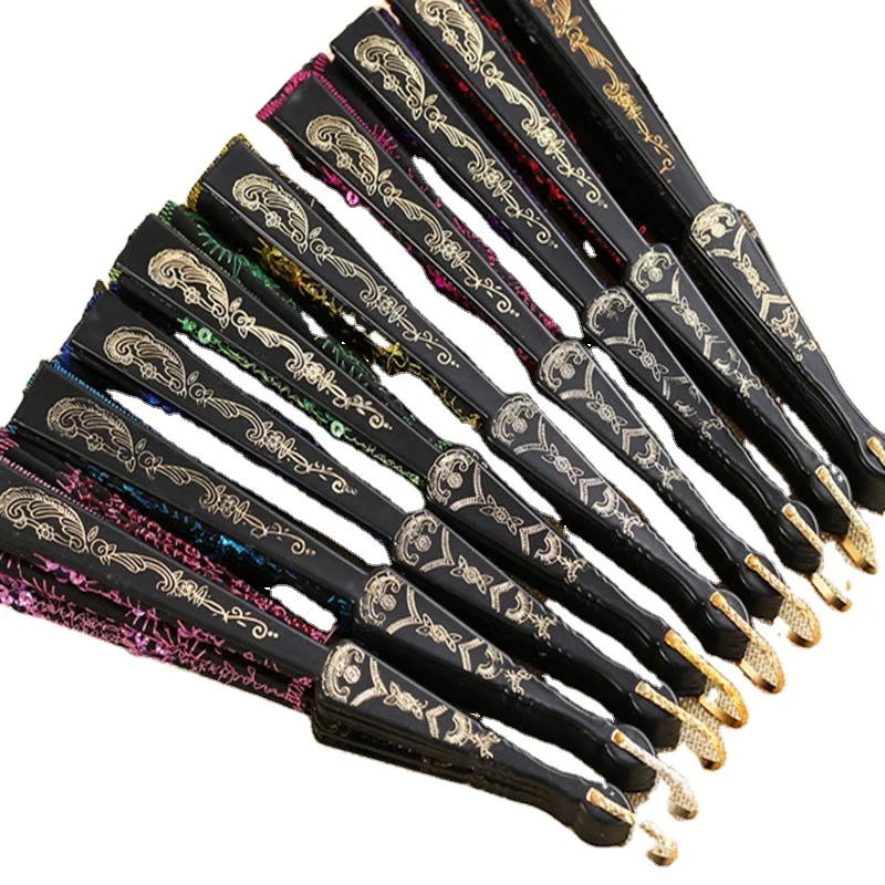 Spanish style foldable plastic embroidered sequin Hand Fans for wedding gifts dancing party Supplies