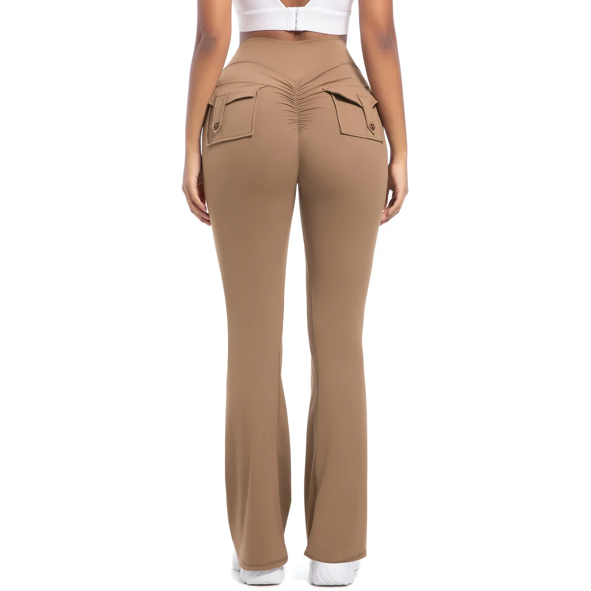 YK Women High Waist Yoga Flare Pants Lady Scrunch Butt Custom Logo Gym Fitness Leggings With Pockets Flare Leggings