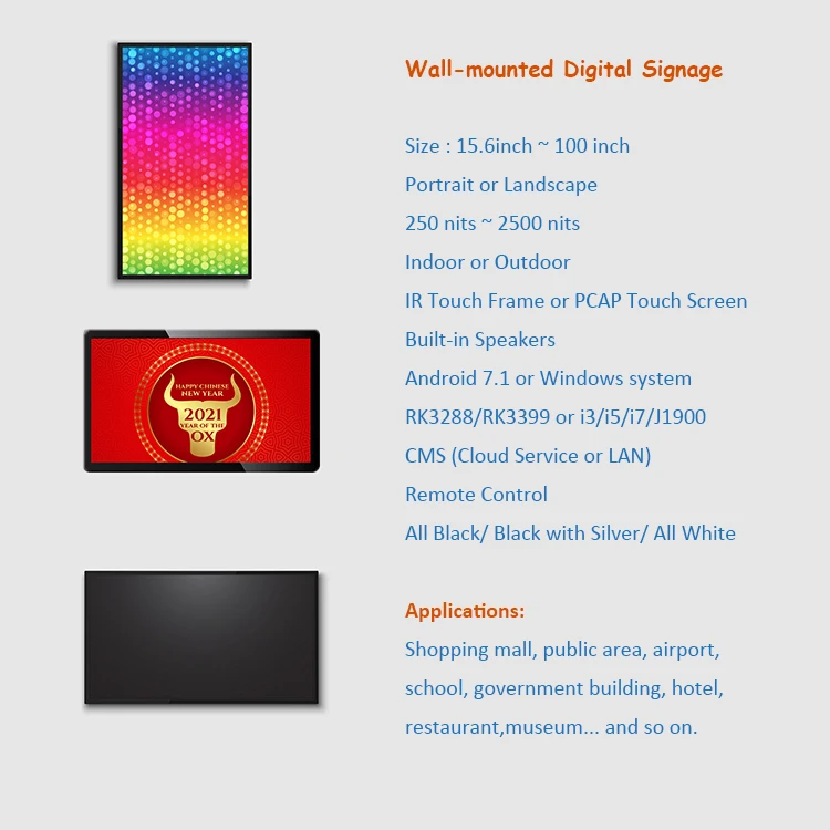 21 27 32 49 55 inch thin HD 4k led big lcd commercial advertising display screen smart wall mounted touch screen monitor