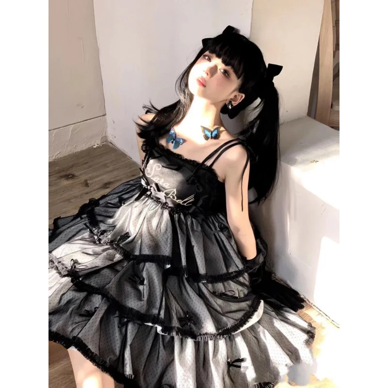 Women Vintage Black Cotton Lace Bow Gothic Lolita Dress Girls Long Sleeves Lolita