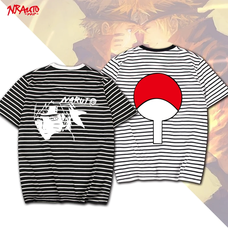 
Naruto T-shirt Uchiha Sasuke Itachi tide writing round eyes kaleidoscope round neck striped short-sleeved shirt T-shirt men and 