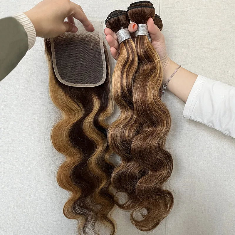 P4/27 Piano Highlight 100g Body Wave Bone Straight Brazilian Double Drawn Mixed Color raw Human Hair Weave Bundle with closure