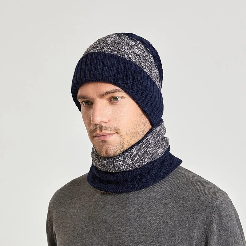 New Unisex Winter Stripe Beanie Hat Women Men Warm Slouchy Knitted Fleece Lined Skull Cap Beanie and Scarf Set
