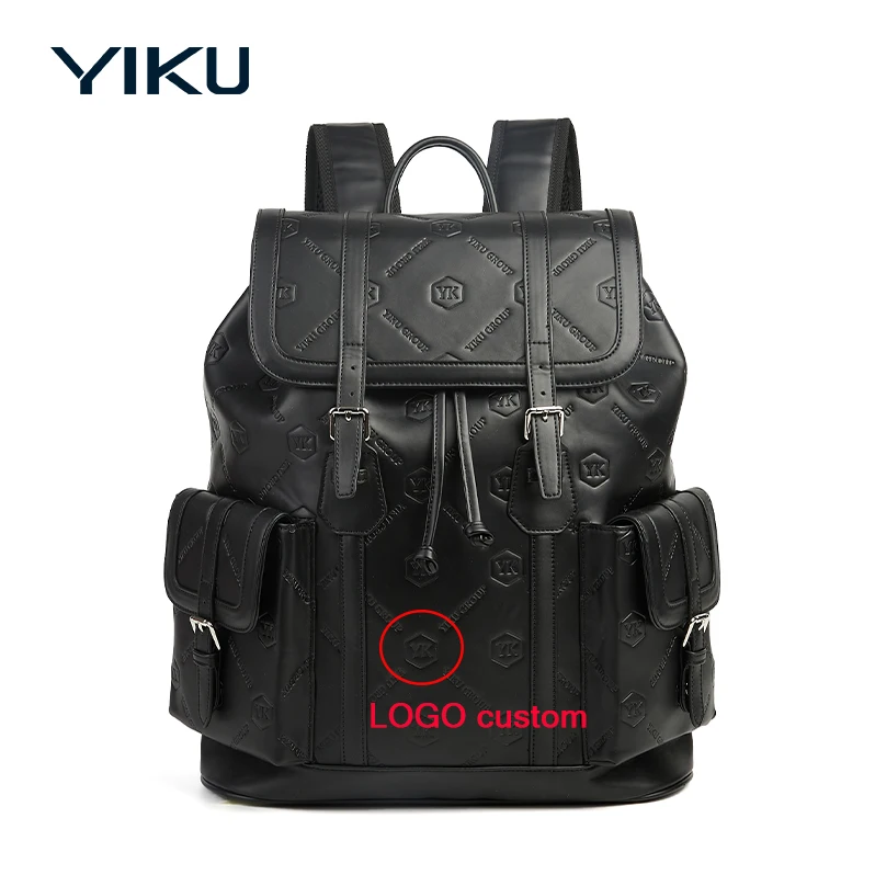 Custom debossed pattern vegan PU faux leather fashion black mens business laptop travel bag backpacks for work