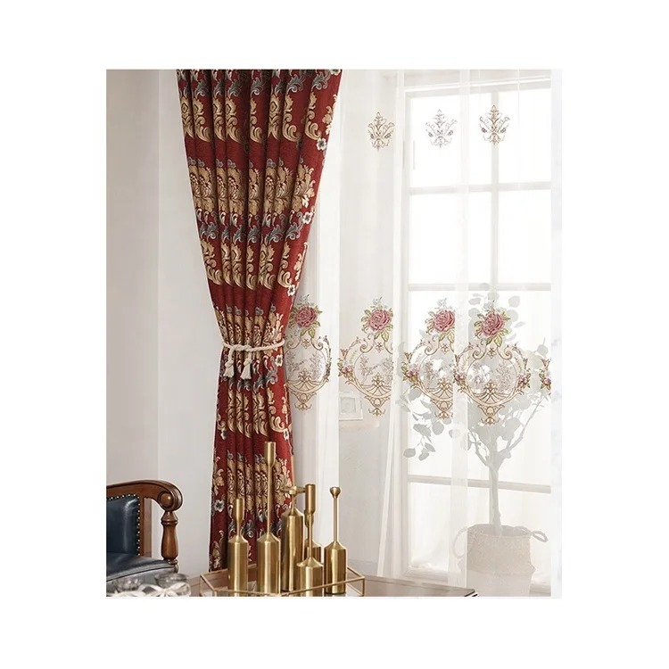 Wholesale Nordic Style Jacquard Chenille Pattern Red Backdrop Drapes Curtains For Events Living Room