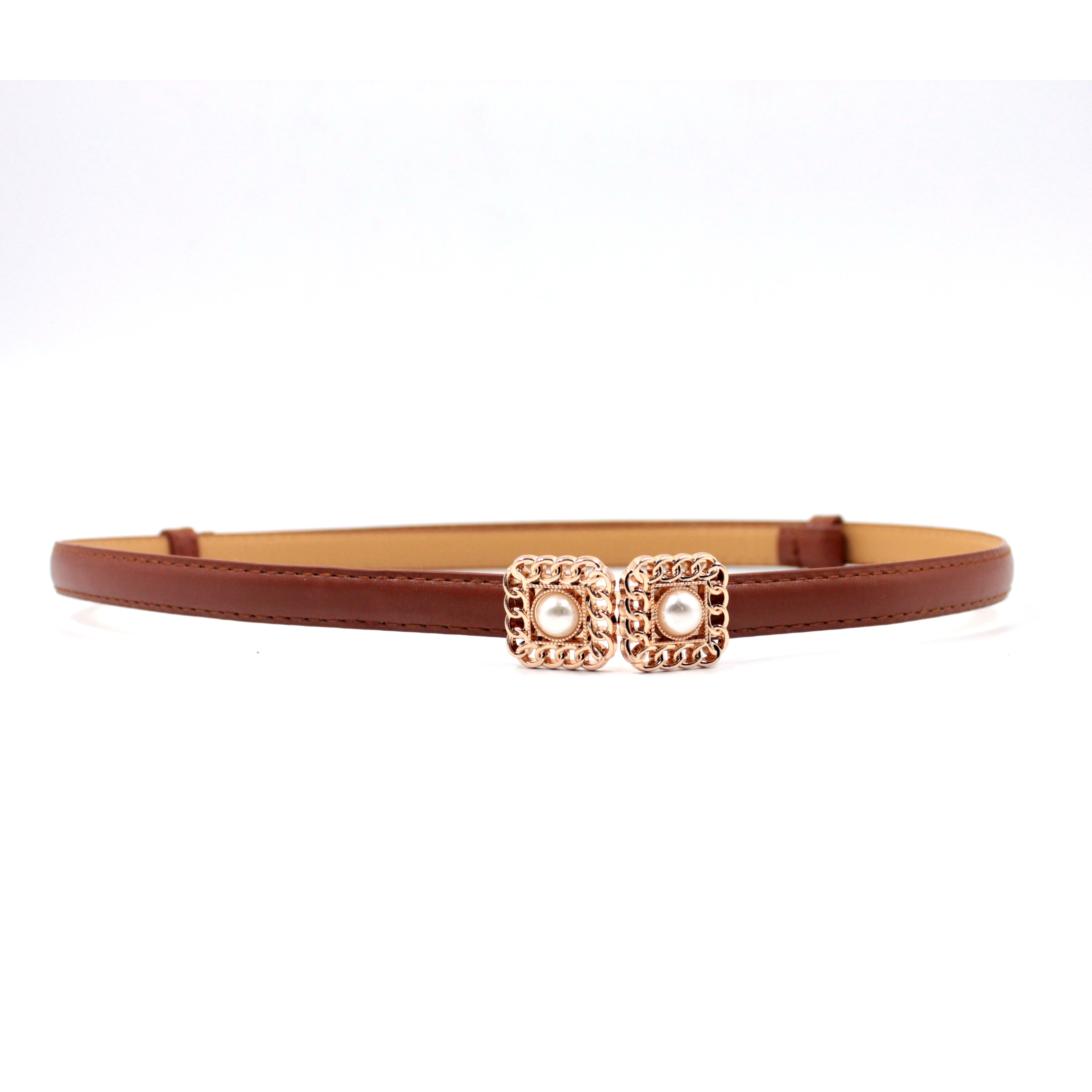 Women Belt Thin Skinny Metal Gold Elastic Buckle Waistband PU Leather Waist Belt