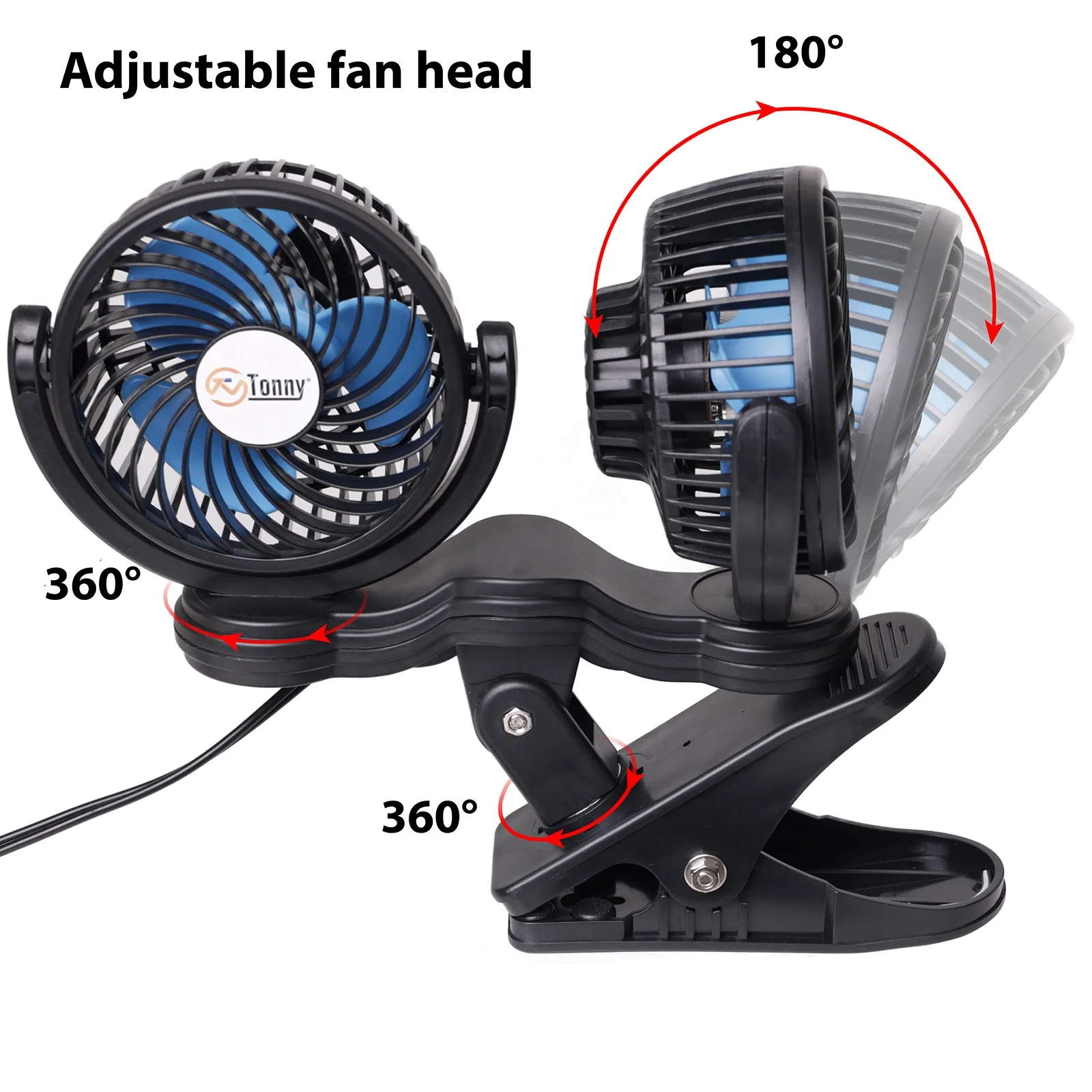 Dual Head Clip Fan, 4 Inches Electric Car Clip Fans 360 degree Rotatable,12V Cooling Air Fan with Stepless Speed Regulation