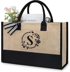 China factory initials jute bags thick carry handle shopping bags wholesale high quality letter jute tote bags