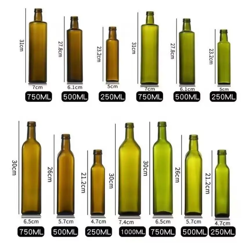 250ml 500ml Antique Green Glass Round Square Marasca Dorica Dark Olive Oil glass Bottles olive oil packaging bottle
