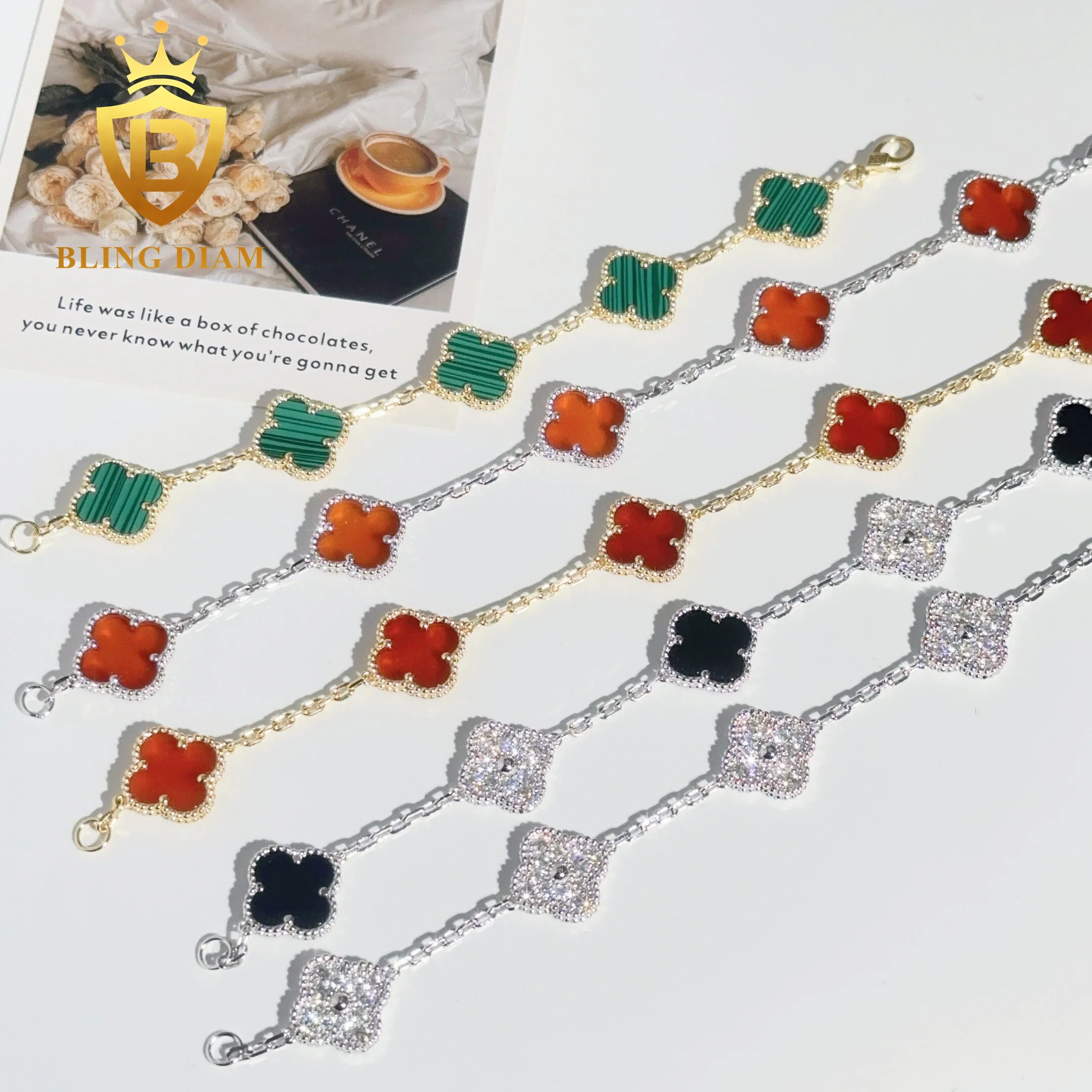 2024 модный многоцветный браслет клевера однотонный 925 серебряный с четырьмя листьями для женщин