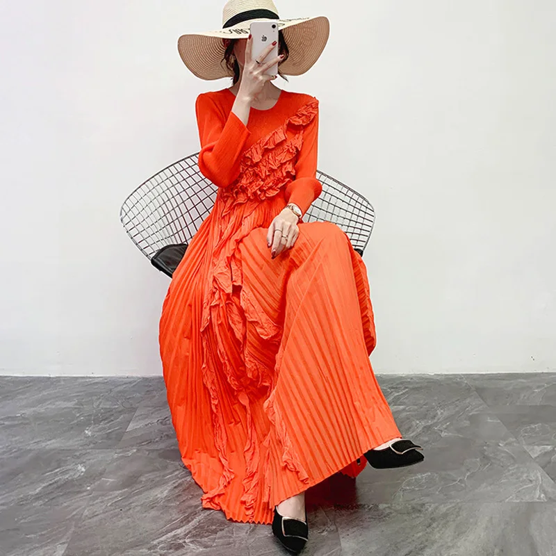 Pleats Fall Woman Ruffles Pleat Long Sleeve Plus Floral Boho Casual Dress For Women