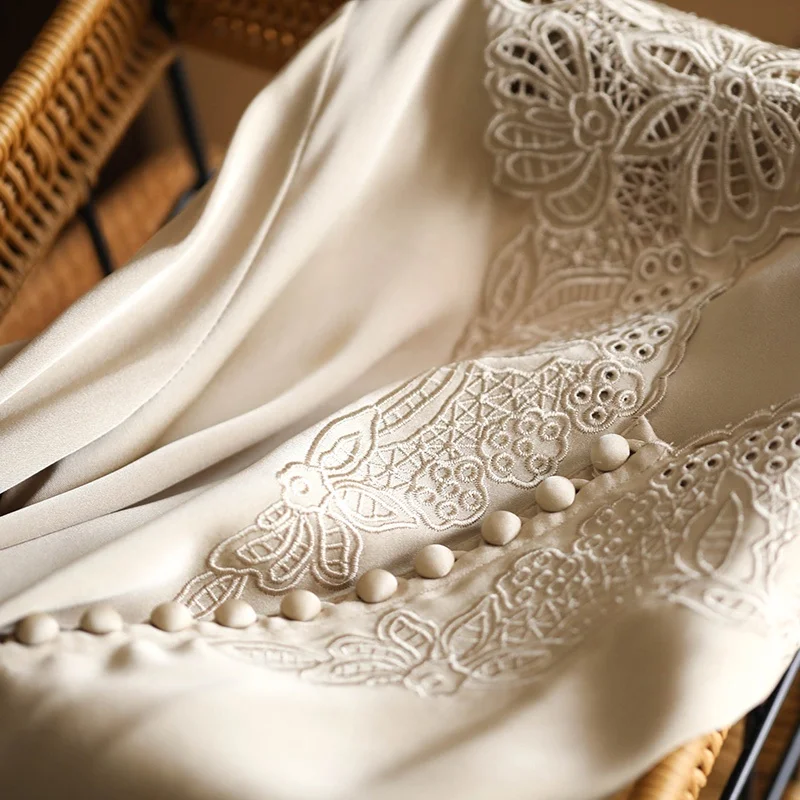 Heavy industry embroidery heavy weight natural  silk V-neck simulated silk shirt blouse women