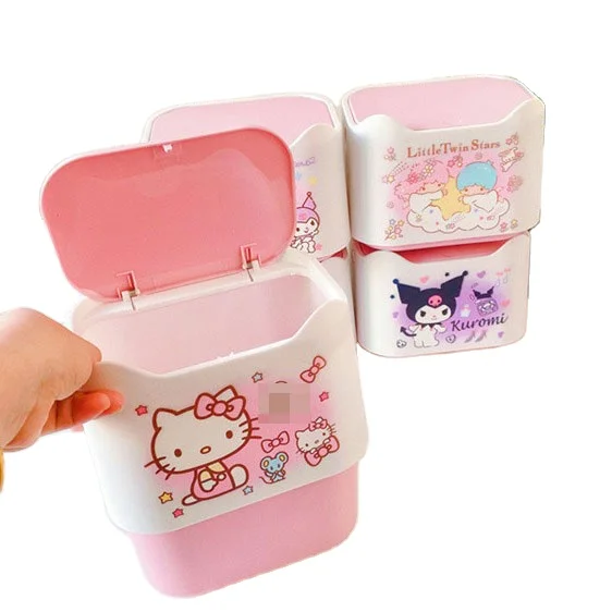RuunJo Anime Mini Desktop Trash with Cover Kawaii Kt Kuromi My Melody Hangyodo Living Room Press Paper Basket Gifts Storage Box