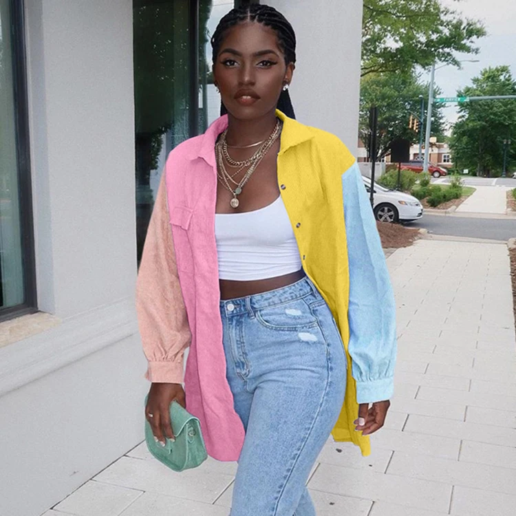 Color Block Button Up Shirts And Blouses Ladies Long Sleeve Woman Blouse 2020 For Women -ZL