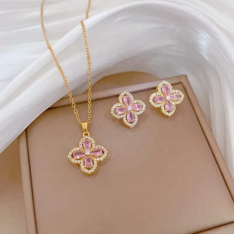 High Quality Jewelry 4 Four Leaf Clover Flower Austria Crystal Earring Stainless Steel 18K Gold Plated Kundan Jewelry Set Indian