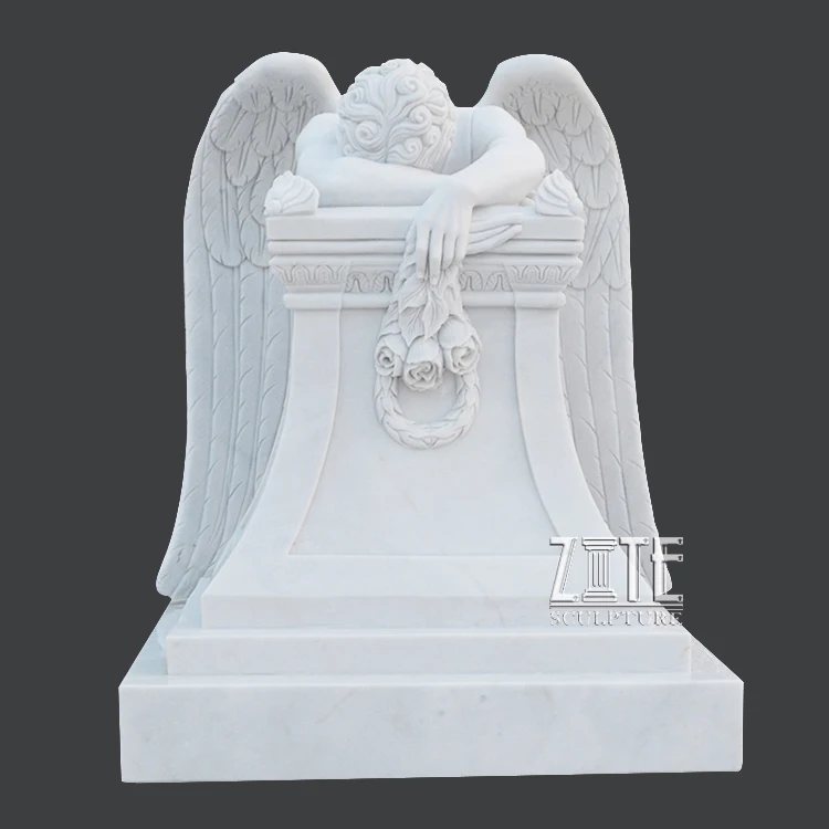 Carved stone tombstone monument marble life size weeping angel statues with base