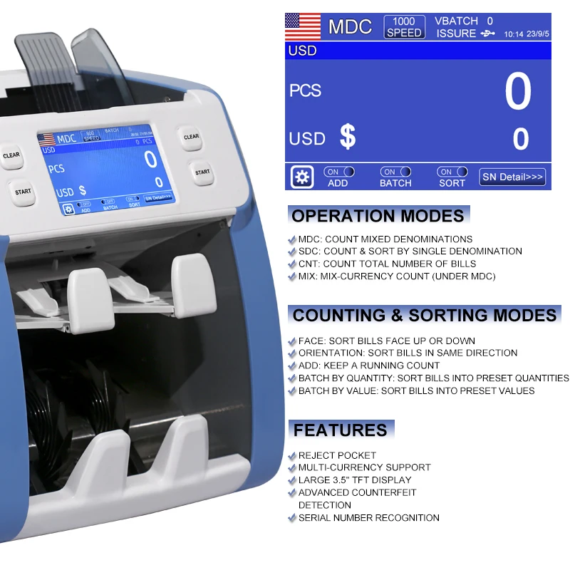 Portable Money Currency Detector Multi Function Handy LED touch screen note Counting machine with two pockets