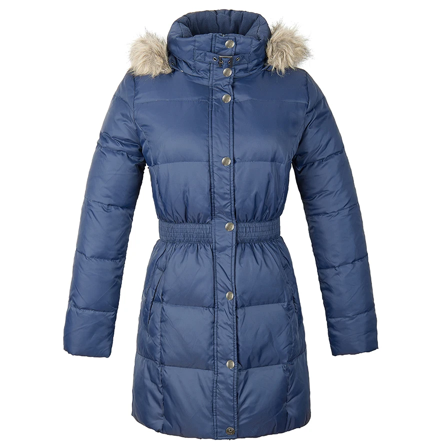 Casual nylon twill padded outdoor ladies waisted long winter jacket waterproof custom bubble coat jacket for women