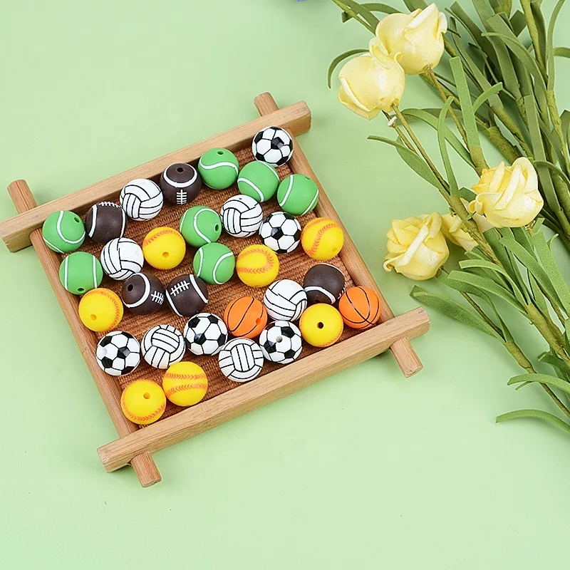 Hot Fashion Sport Style 100% Food Grade Silicone Chewable Necklace Teether Silicone Tennis Volleyball Soccer Teething Bead
