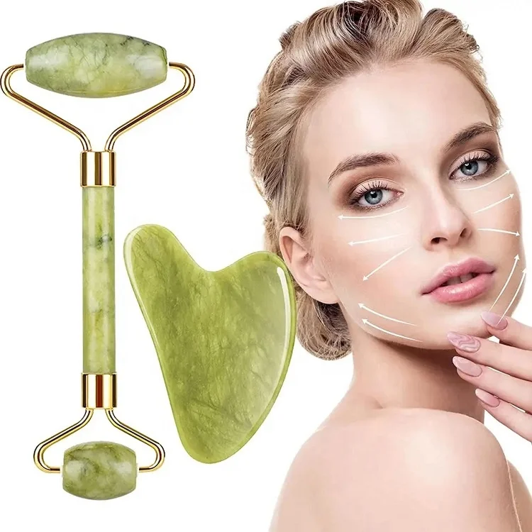 Wholesale 2 in 1 Mini Rolling Facial Massage Slimming Gua Sha Green Natural Gemstone Jade Roller In Box