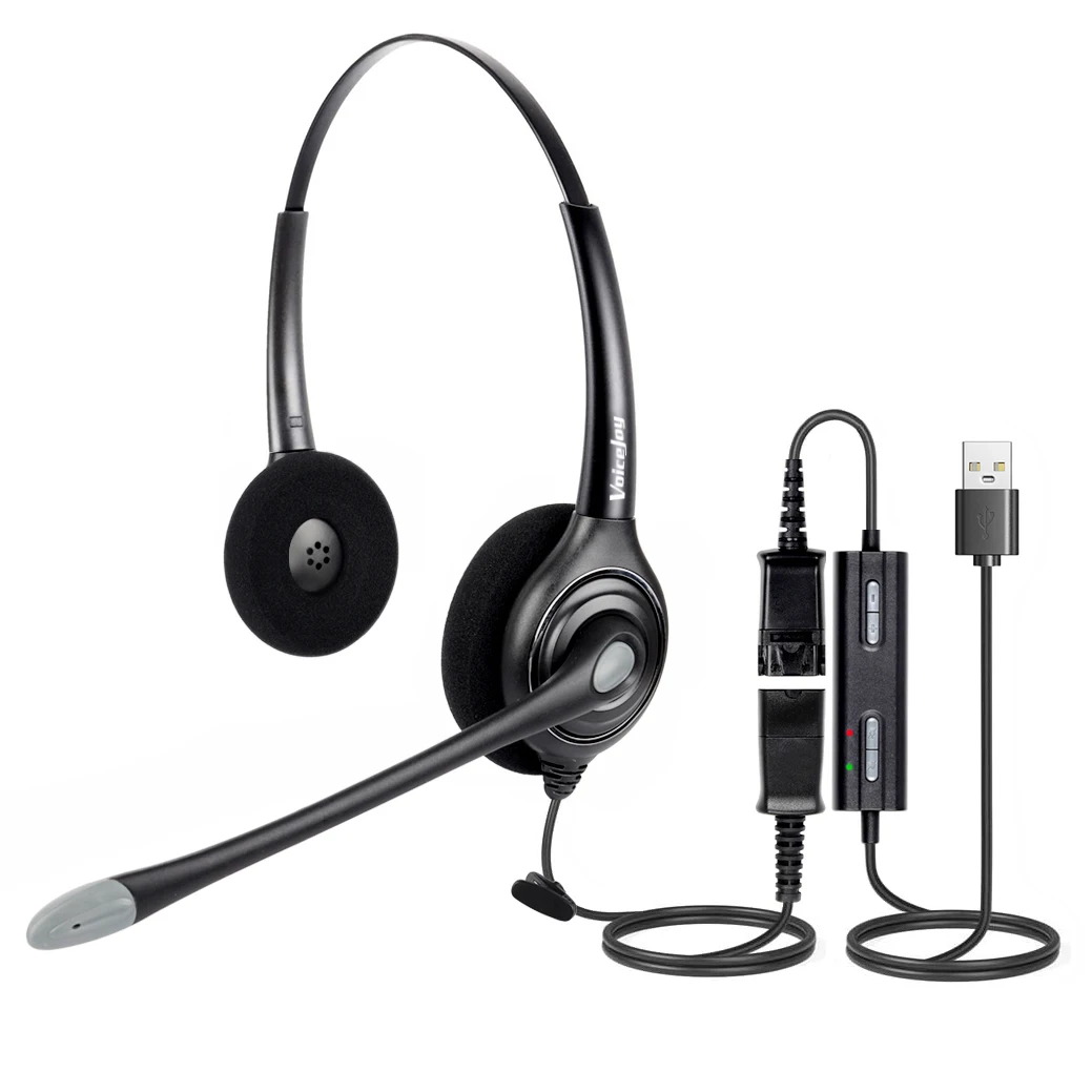 VoiceJoy USB Plug Headphone Call Center Noise Cancelling Headset with Quick Disconnect to USB Adapter