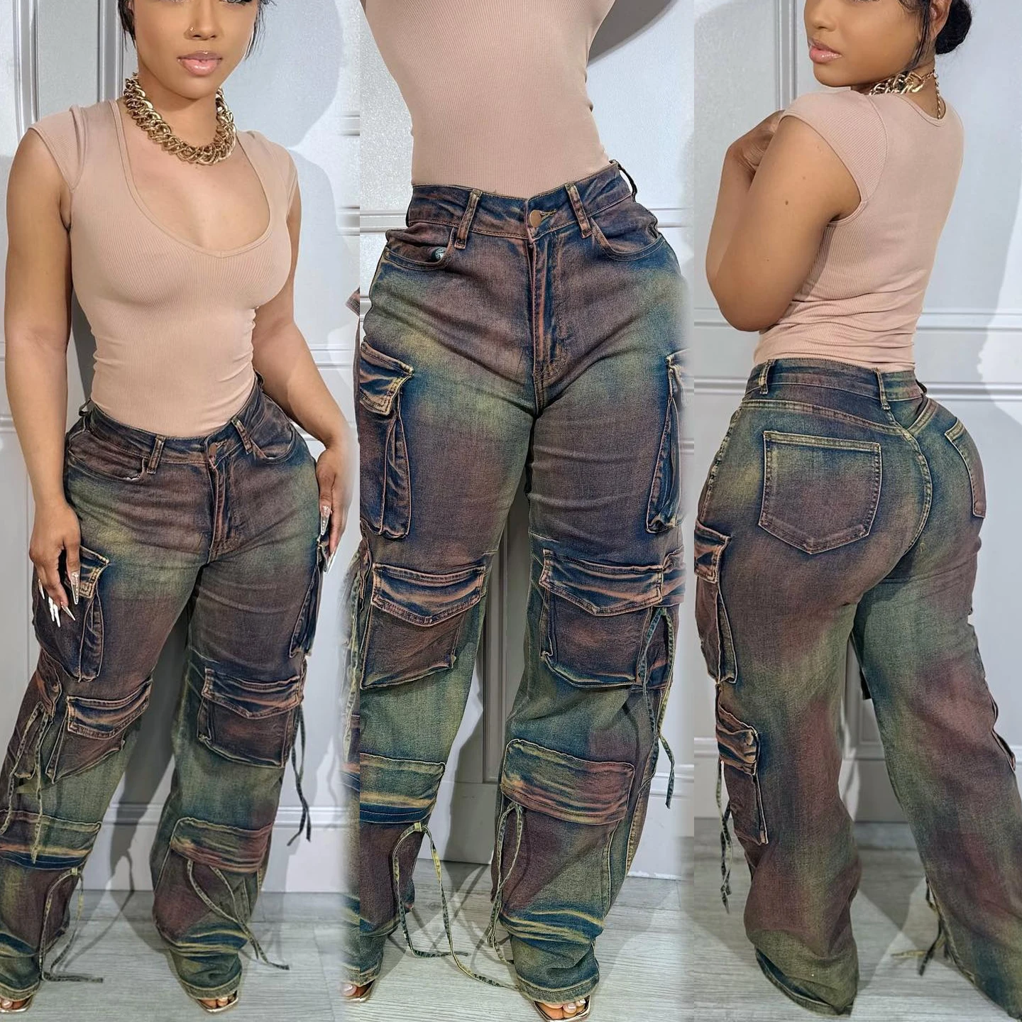 New Trendy Women Jeans Big Pocket Workout Denim Overalls Straight Leg Pants Ladies Casual Tie Dye Denim Cargo Jeans Pants Women