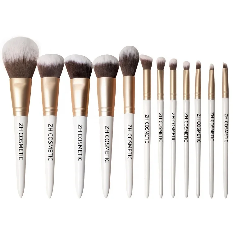 ZH Eco Friendly Wooden Handle Rose Gold Ferrule Foundation Powder 12pcs Custom Logo Vegan White Make Up Brushes For Eyes