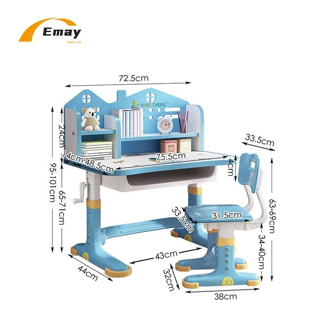 Hand Cranking Adjustable Kid Primary School Students Study Cartoon Pattern PP Table and Chair Set