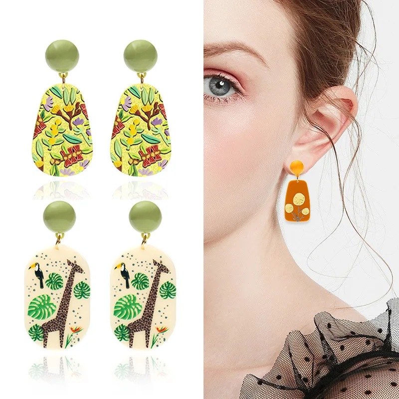 Acrylic Embossed Three-dimensional Printing Pop Element Pattern Flamingo Giraffe Green Leaf Pattern Earrings Women